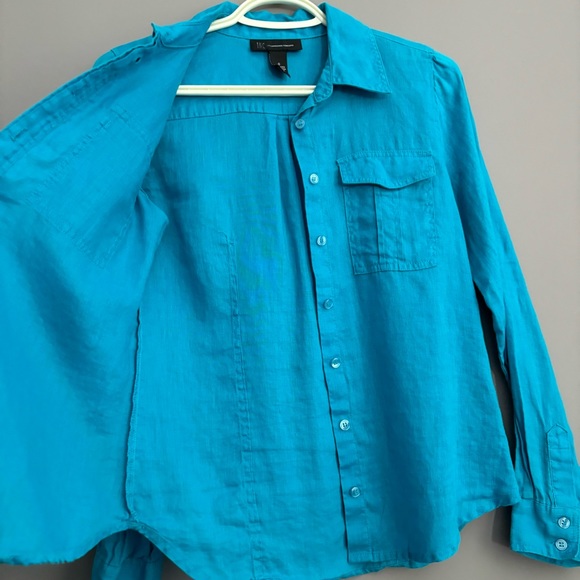 INC International Concepts Size 0 Blue Linen Long Sleeve Button Down - Picture 7 of 13